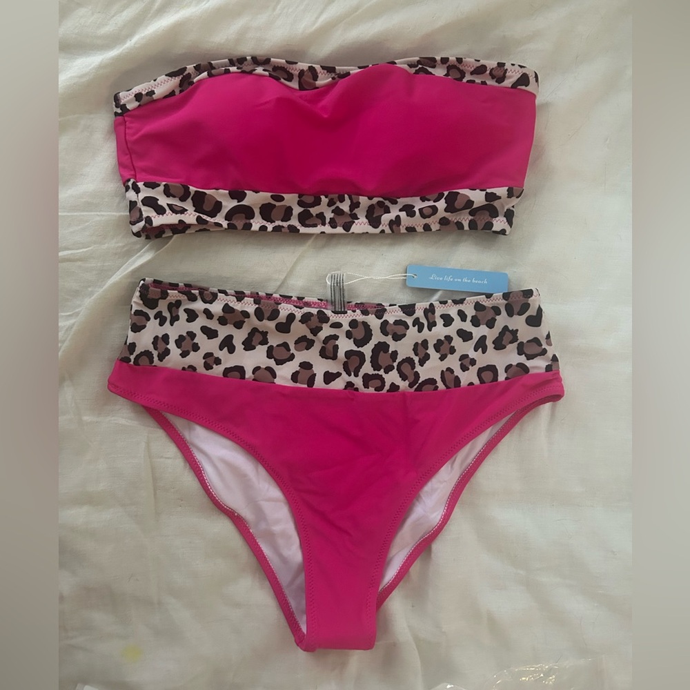 Neon Pink Leopard Print Strapless Bikini Set